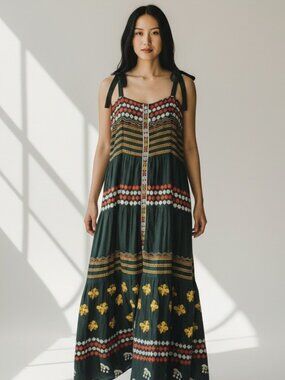 Oliphant Noelani Maxi Dress Size M Green Floral Embroidered Tiered Sundress